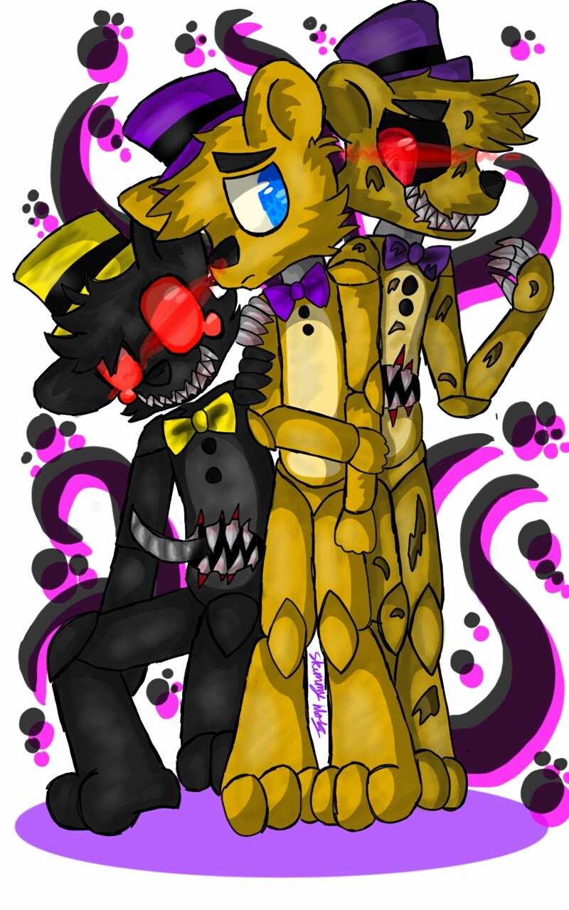 2015 animatronic bear five_nights_at_freddy's five_nights_at_freddy's_4 fredbear_(fnaf) group hi_res machine male mammal nightmare_(fnaf) nightmare_fredbear_(fnaf) robot skimmywolf video_games