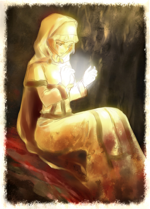 bad_id bad_pixiv_id blonde_hair blood cape closed_mouth demon's_souls dress eyelashes glowing hood knees_together long_eyelashes maiden_astraea mera_nattou no_nose priestess solo souls_(from_software)