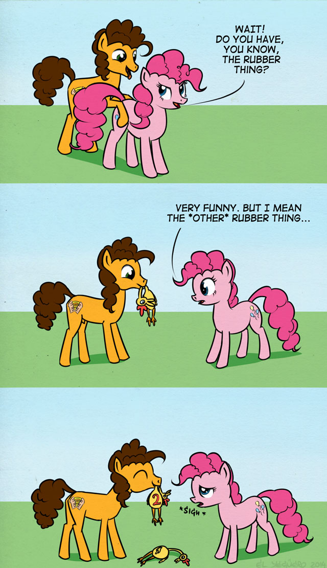 2014 blue_eyes brown_hair cheese_sandwich_(mlp) comic cutie_mark duo earth_pony el-yeguero english_text equine female feral friendship_is_magic fur hair horse humor male mammal my_little_pony orange_fur pink_fur pink_hair pinkie_pie_(mlp) pony rubber_chicken smile suggestive text tongue tongue_out