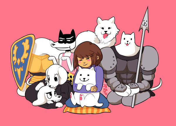 ambiguous_gender annoying_dog armor canine clothing cute damare dog dogamy dogaressa doggo female greater_dog group human lesser_dog male mammal melee_weapon monster pink_background polearm protagonist_(undertale) shield shirt simple_background spear tank_top toby_fox tongue tongue_out undertale video_games weapon