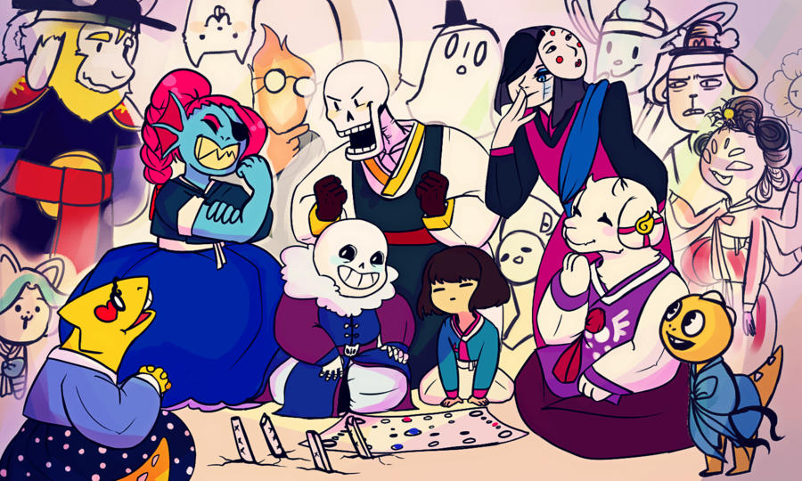 alphys ambiguous_gender asgore_dreemurr board_game boss_monster burgerpants clothing dmsaud1004 dress elemental female fire fire_elemental fish game_(disambiguation) ghost grillby group hair_bow hair_ribbon hat human joseontale lesser_dog lizard male mammal marine mettaton monster monster_kid muffet napstablook papyrus_(undertale) protagonist_(undertale) reptile ribbons sans_(undertale) scalie spirit tem temmie_(undertale) toriel undertale undyne video_games woshua