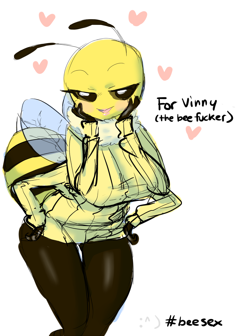 &lt;3 arthropod bee beesex big_breasts black_body blush bottomless breasts chinad011 clothed clothing female half-closed_eyes hand_on_hip hands_on_hips hi_res insect lipstick non-mammal_breasts seductive solo stinger sweater vinesauce wide_hips wings yellow_body