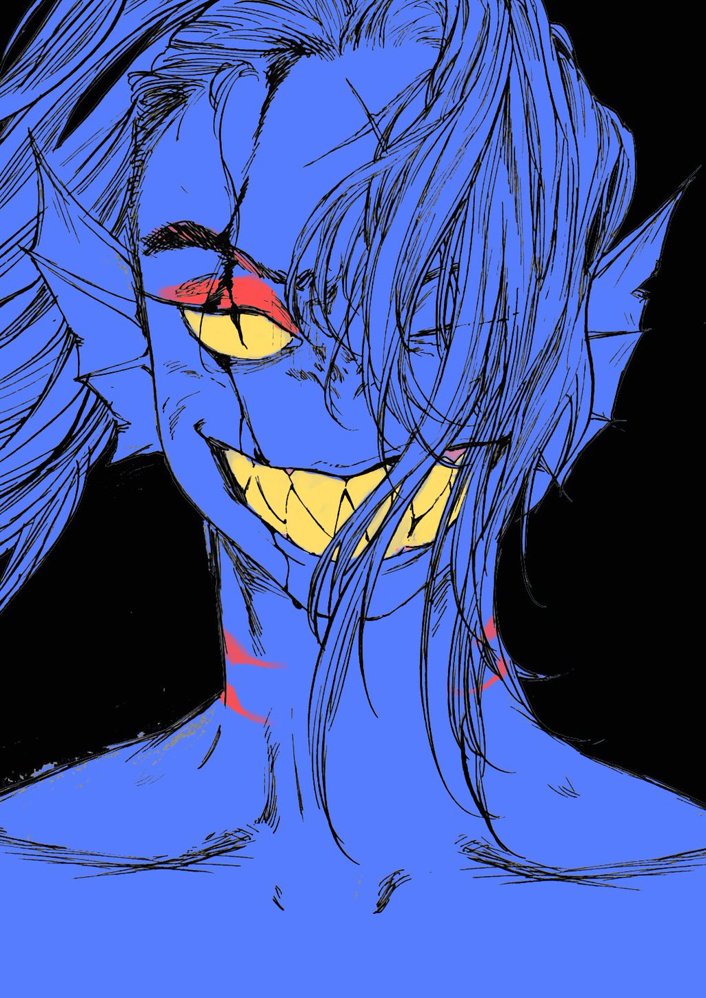 2016 anthro blue_skin fangs female fish gills hair hair_over_eye hi_res long_hair marine portrait scar sharp_teeth simple_background sketch smile solo teeth unbergae undertale undyne video_games yellow_eyes yellow_sclera