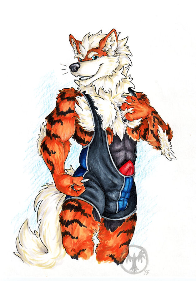 anthro anthrofied arcanine bulge canine chest_tuft clothing erection flexing grin looking_at_viewer male mammal neverwolf nintendo penis penis_outline pok&eacute;mon poking_out signature solo standing tight_clothing tuft video_games wrestling_singlet