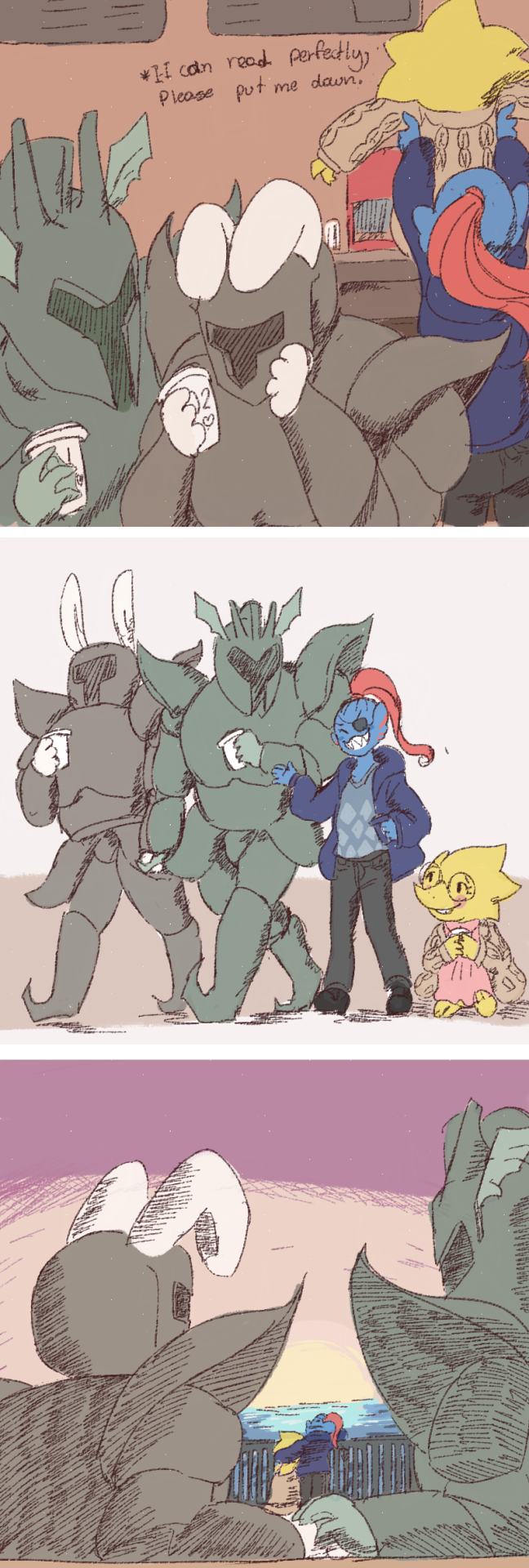 alphys armor beverage clothing comic date double_date dragon female fish food group hi_res lagomorph lizard male mammal marine petite-pumpkin rabbit reptile rg01 rg02 scalie sun sweater text undertale undyne video_games water