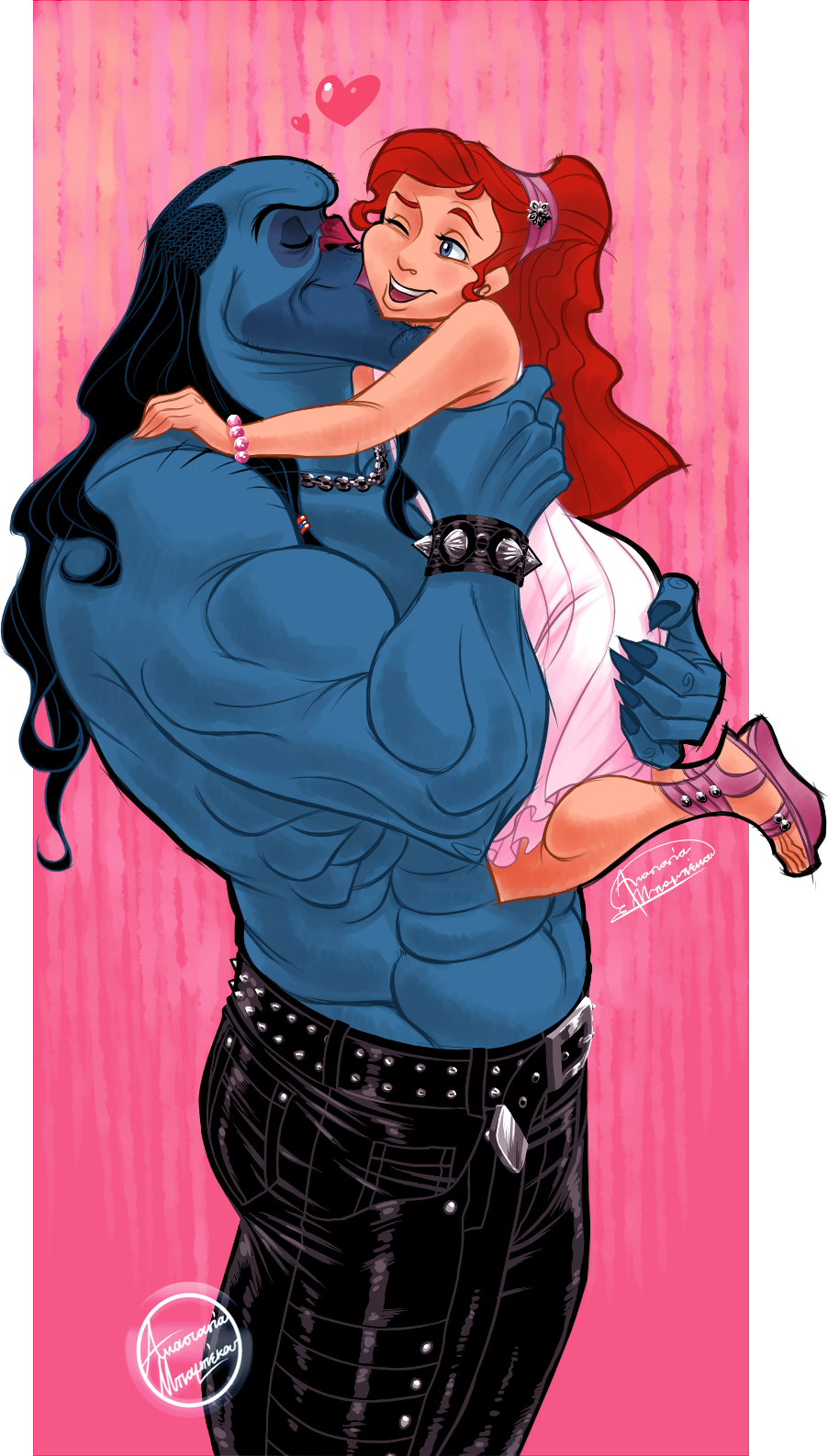 &lt;3 abs ariel025 biceps black_hair blue_body clothed clothing duo female hair hercules_(series) hi_res human humanoid iole lips long_hair mammal monster muscular navel nessus not_furry smooch topless