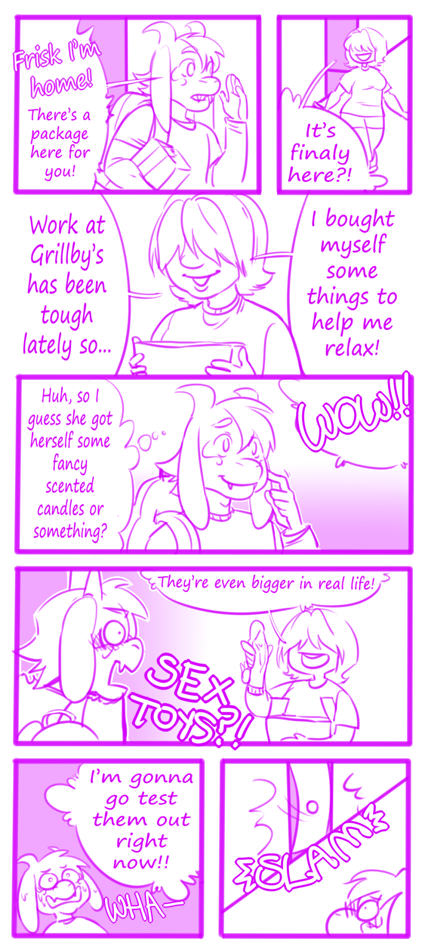 ! 2015 ? ?! aged_up anthro asriel_dreemurr awkward blush boss_monster breasts bunkakke caprine clothed clothing comic dialogue digital_drawing_(artwork) digital_media_(artwork) dildo duo english_text fangs female goat hair hair_over_eyes hi_res horn human humor inside male mammal monochrome monster pink_and_white protagonist_(undertale) sex_toy surprise sweat teeth text thought_bubble undertale video_games wide_eyed