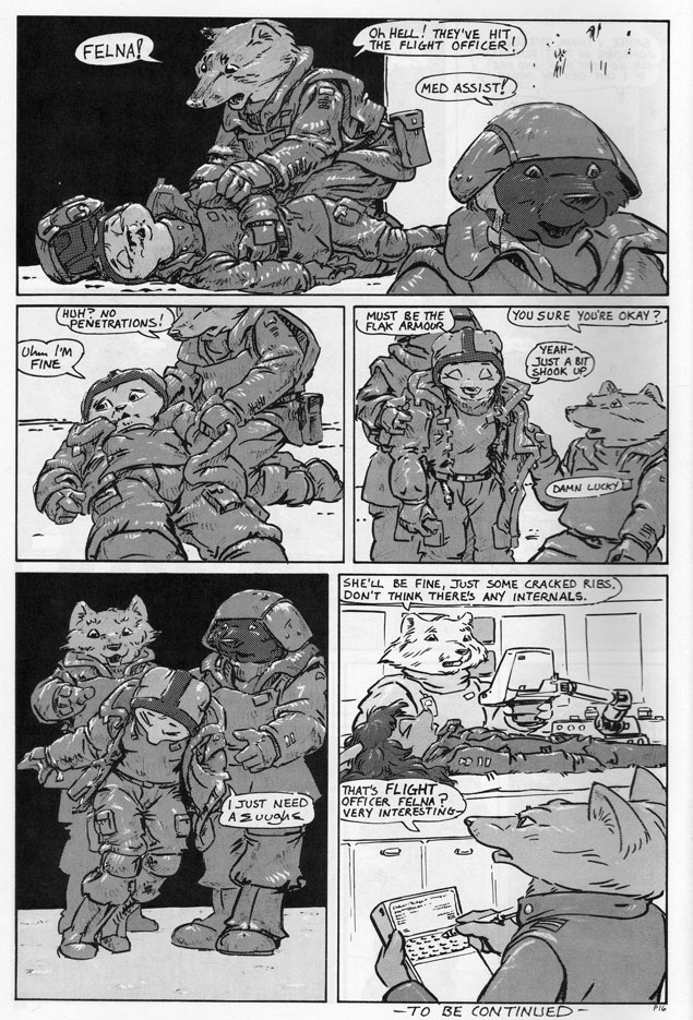 1984 albedo_(comic_book) anthro armor battle boots building canine cat clothing comic doctor dog erma_felna feline female footwear fox group helmet male mammal medical military monocrome science_fiction steve_gallacci story text traditional_media_(artwork) uniform wounded
