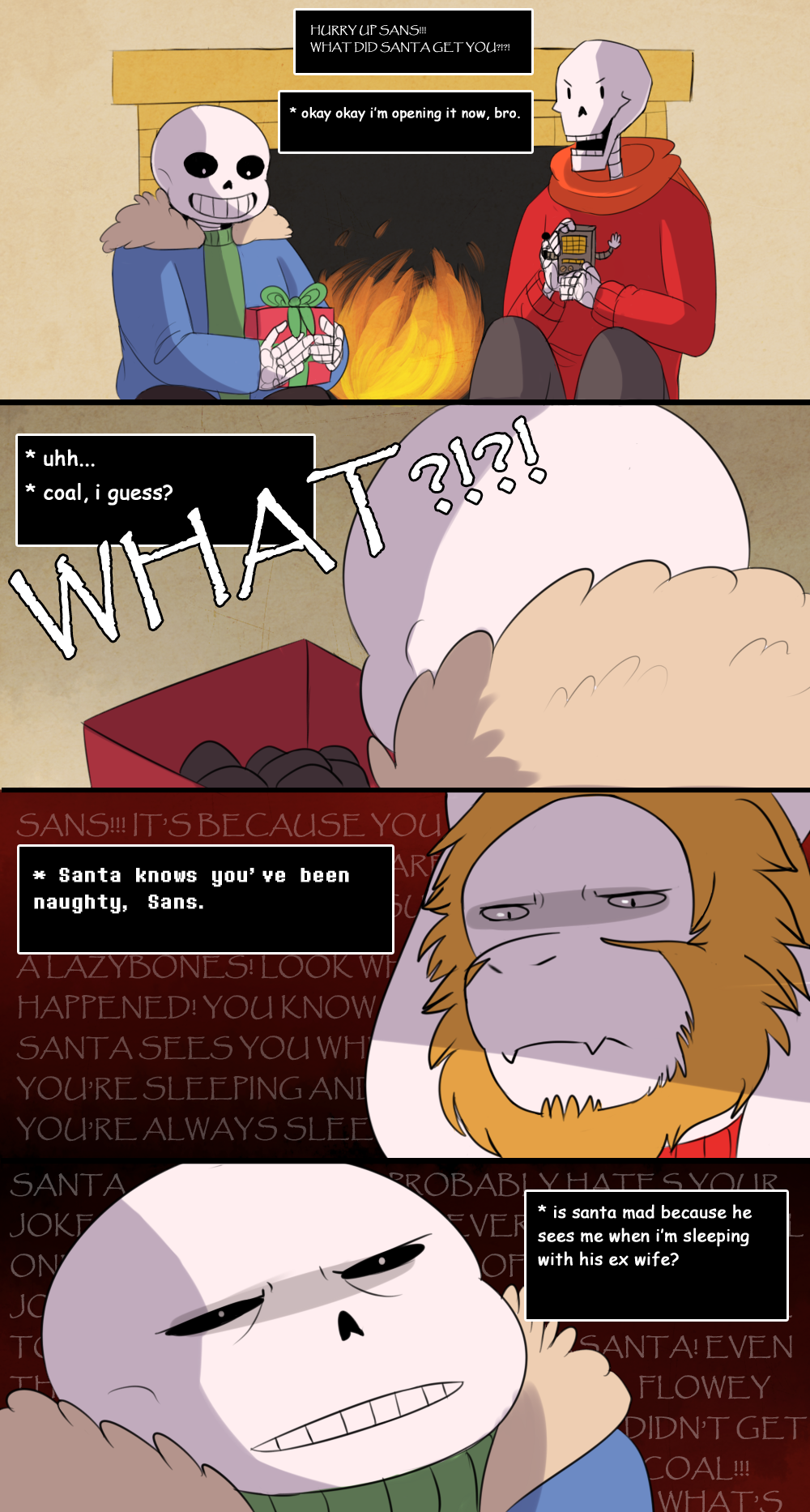 asgore_dreemurr azurite-draws bone boss_monster brothers caprine christmas coal comic comic_sans fire gift goat group hi_res holidays humor male mammal mettaton monster papyrus_(undertale) papyrus_font sans_(undertale) sibling skeleton text undertale video_games