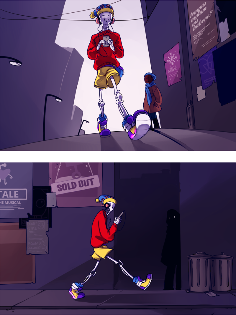 alley anadapta city comic digital_media_player extra gangster hat headphones lamppost mettaton multiple_boys ominous_shadow papyrus_(undertale) poster_(object) shoes shorts skeleton sneakers sweater telephone_pole trash_can undertale