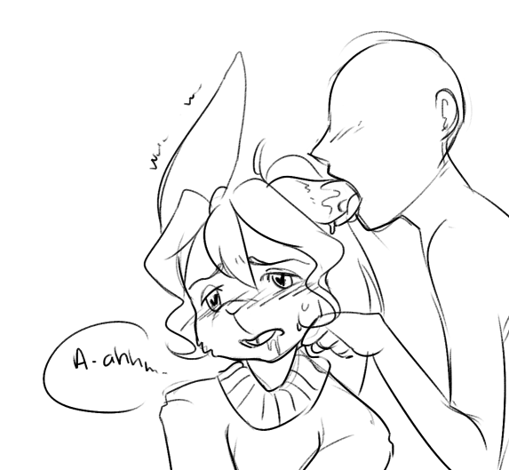 2016 anthro big_ears blush buckteeth bun_(artist) bun_(character) clothing dialogue digital_media_(artwork) drooling duo ear_licking ear_petting ear_suckling embarrassed english_text female fur hair human human_on_anthro interspecies lagomorph licking love male male/female mammal open_mouth petting rabbit saliva shaking simple_background suggestive sweat teeth text tongue tongue_out white_background