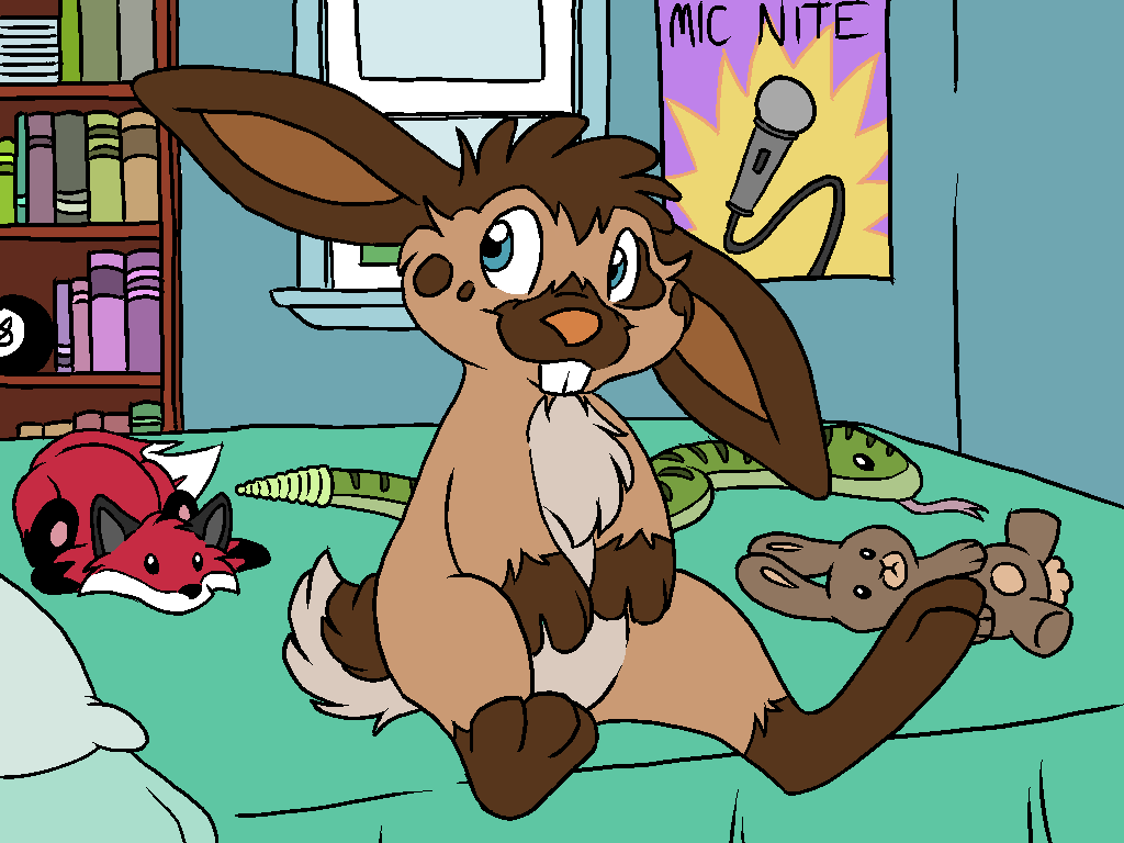 aliasing barefoot bed bookshelf buckteeth featureless_crotch flat_colors lagomorph looking_away male mammal mizzyam nude on_bed plushie poster rabbit sitting solo spotted_bunny teeth window