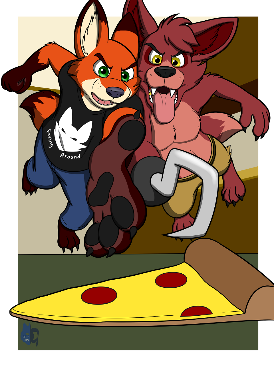 bleuxwolf canine clothed clothing crossover digital_media_(artwork) disney duo five_nights_at_freddy's food fox foxy_(fnaf) hi_res hook male mammal nick_wilde pecs pizza shirt tongue topless video_games zootopia