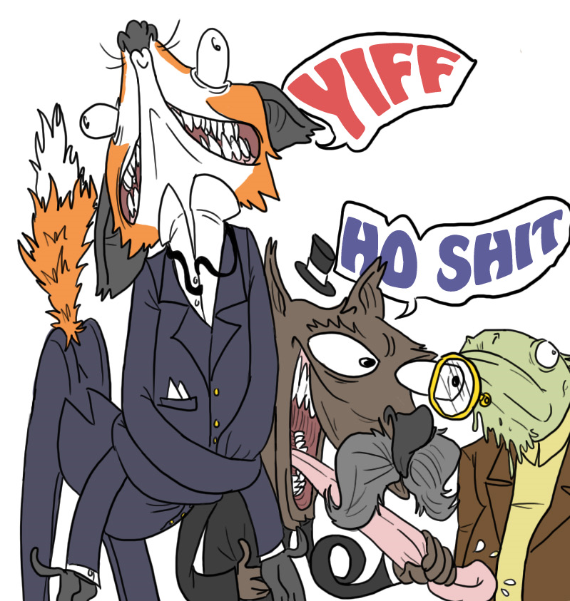 _eyes better_version_at_source buldging_eyes canine clothing english_text facial_hair fox group hat lizard male mammal mustache reptile scalie text top_hat unknown_artist