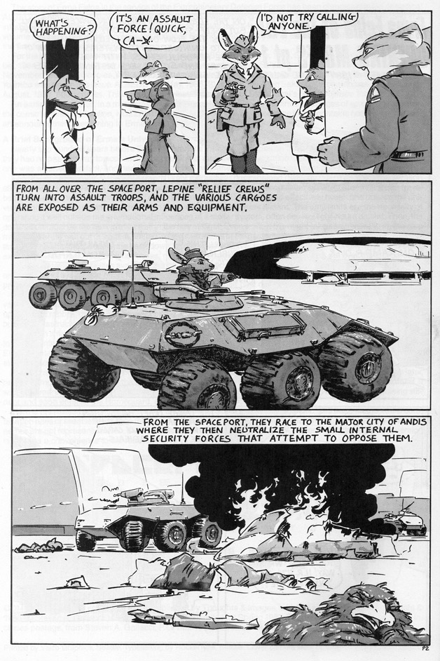 1984 airport albedo_(comic_book) anthro apv armor avian battle bird cat clothing comic computer corvid crow death erma_felna feline female fire green_eyes gun hair lagomorph long_hair looking_at_viewer male mammal microphone military monocrome rabbit ranged_weapon science_fiction solo space spaceport steve_gallacci story tank text traditional_media_(artwork) uniform vehicle weapon