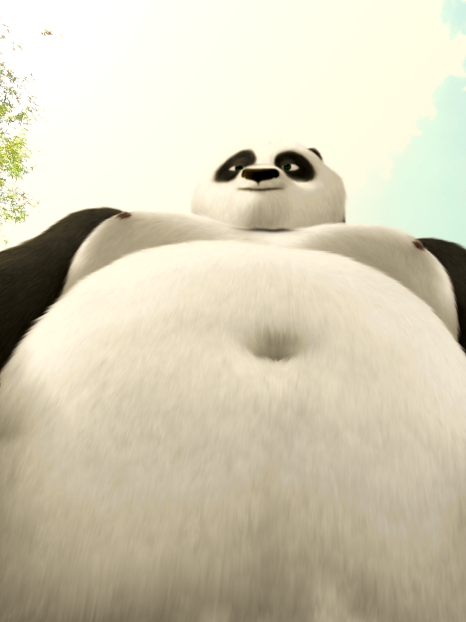 anthro bear belly big_belly black_fur edit fur green_eyes hi_res kung_fu_panda low-angle_view male mammal navel nipples overweight oystercatcher7 panda photo_manipulation photomorph po solo white_fur worm's-eye_view