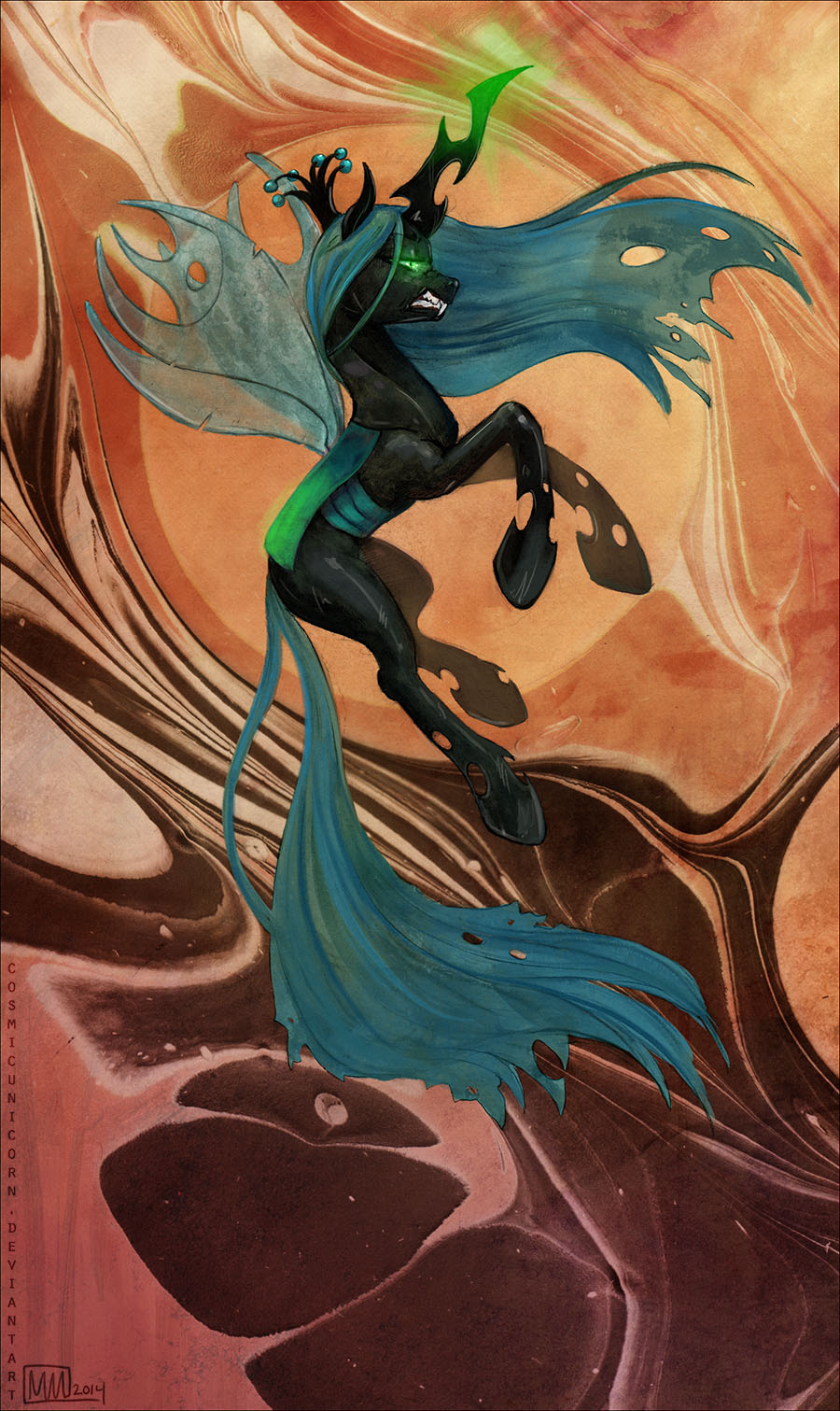 2014 abstract_background changeling cosmicunicorn crown fangs female feral flying friendship_is_magic glowing glowing_eyes green_eyes green_hair hair hi_res horn looking_at_viewer magic membranous_wings my_little_pony queen_chrysalis_(mlp) solo spread_wings wings