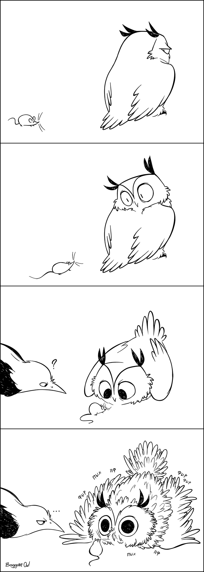 avian bird boggartowl comic confusion corvid crow crow_(bc999) digital_drawing_(artwork) digital_media_(artwork) feathers feral group hi_res line_art mammal mouse owl owl_(boggartowl) rodent