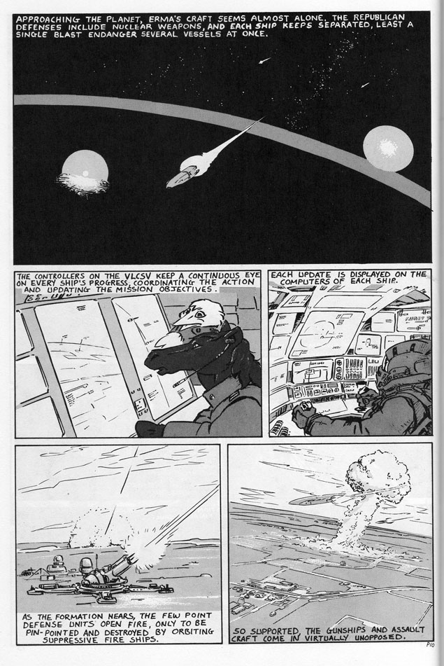 1984 airport albedo_(comic_book) anthro avian battle bird cannon cat clothing comic computer corvid crow equine explosion feline female group hair horse long_hair male mammal microphone military monocrome mushroom_cloud planet ranged_weapon science_fiction space spaceport star steve_gallacci story text traditional_media_(artwork) uniform weapon