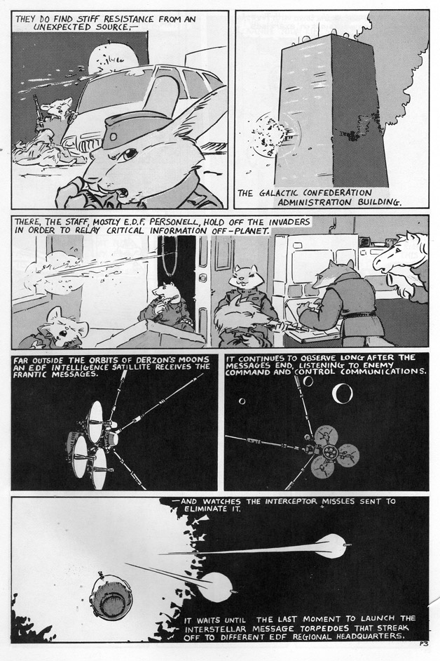 1984 airport albedo_(comic_book) anthro battle building canine car cat clothing comic computer equine erma_felna explosion feline female fox green_eyes hair horse lagomorph long_hair looking_at_viewer male mammal microphone military monocrome mouse mustelid otter planet probe rabbit rocket rodent satellite science_fiction solo space spaceport steve_gallacci story text traditional_media_(artwork) uniform vehicle weapon