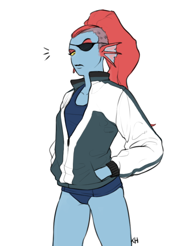 2015 blue_skin clothed clothing eye_patch eyewear female fish hair jacket kkhoppang long_hair looking_at_viewer marine one-piece_swimsuit red_hair simple_background solo standing swimsuit undertale undyne video_games