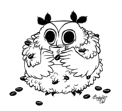 avian beverage bird black_and_white boggartowl coffee coffee_beans drinking food line_art low_res monochrome owl owl_(boggartowl) signature simple_background solo white_background