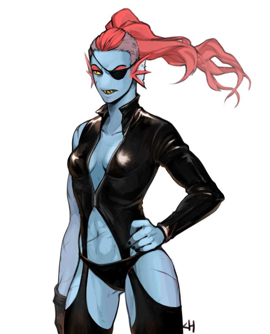 2015 anthro blue_skin breasts cleavage clothed clothing eye_patch eyewear female fish hair hand_on_hip kkhoppang long_hair marine navel red_hair rubber scar simple_background small_breasts solo standing undertale undyne video_games white_background yellow_eyes