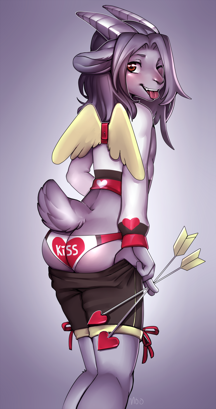 2016 arrow brown_eyes butt caprine clothed clothing crossdressing digital_media_(artwork) fur girly goat goatmancer gradient_background grey_fur grey_hair hair hi_res holidays horn long_hair male mammal monamoo one_eye_closed panties pants_down partially_clothed shorts simple_background solo tongue tongue_out underwear valentine's_day wink