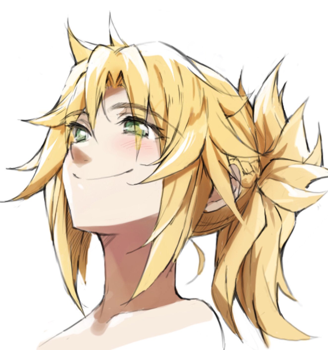 +++ 1girl bangs blonde_hair blush closed_mouth commentary_request dated fate/apocrypha fate_(series) green_eyes happy highres mordred_(fate) mordred_(fate)_(all) nude ponytail smile solo tonee white_background