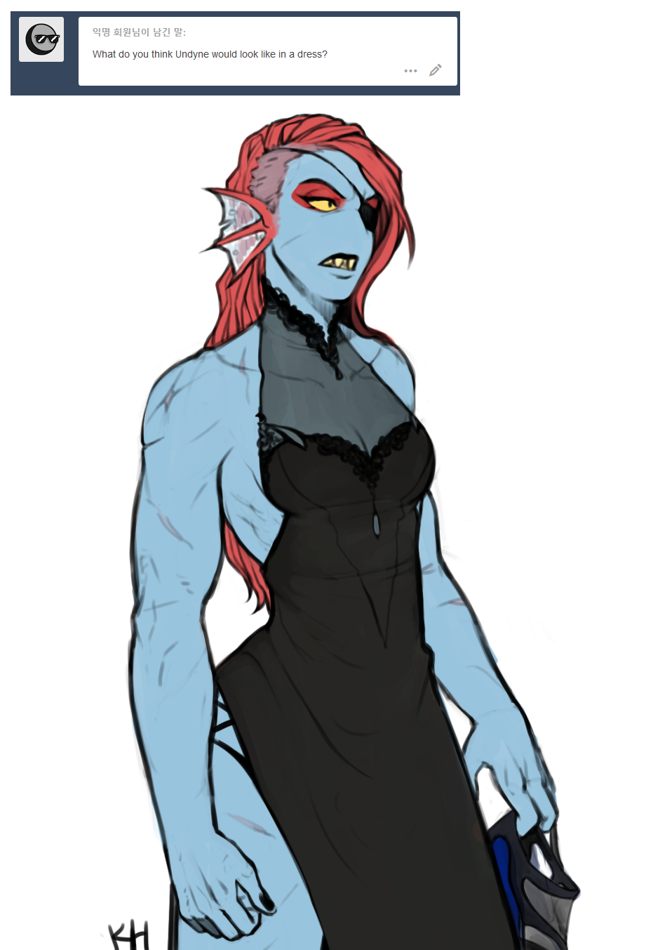 blue_skin clothed clothing eye_patch eyewear female fish hair hi_res kkhoppang long_hair marine muscular muscular_female red_hair scar simple_background solo standing undertale undyne video_games white_background yellow_eyes