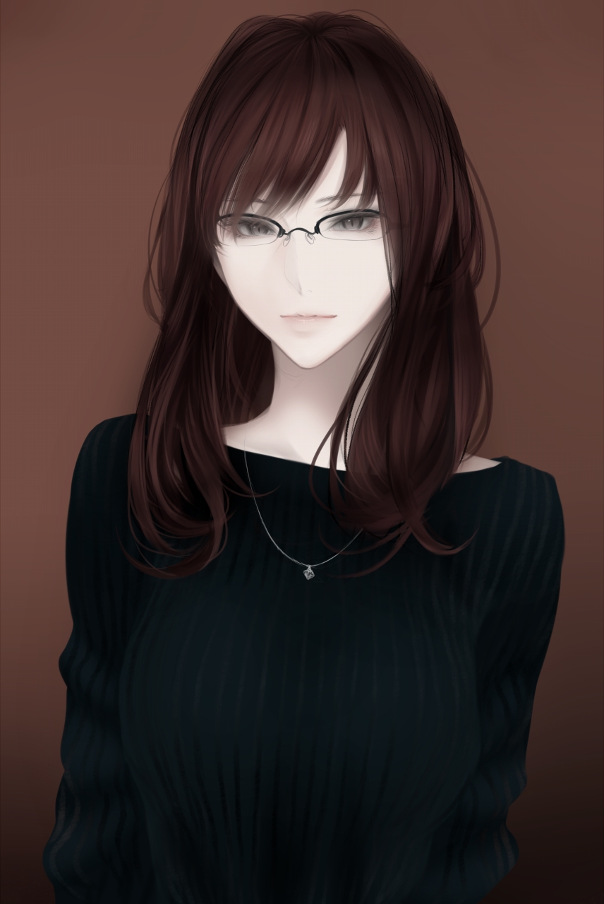 1girl bangs brown_background brown_hair closed_mouth erise glasses grey_eyes highres jewelry long_hair looking_at_viewer necklace original pink_lips ribbed_sweater semi-rimless_eyewear slit_pupils sweater