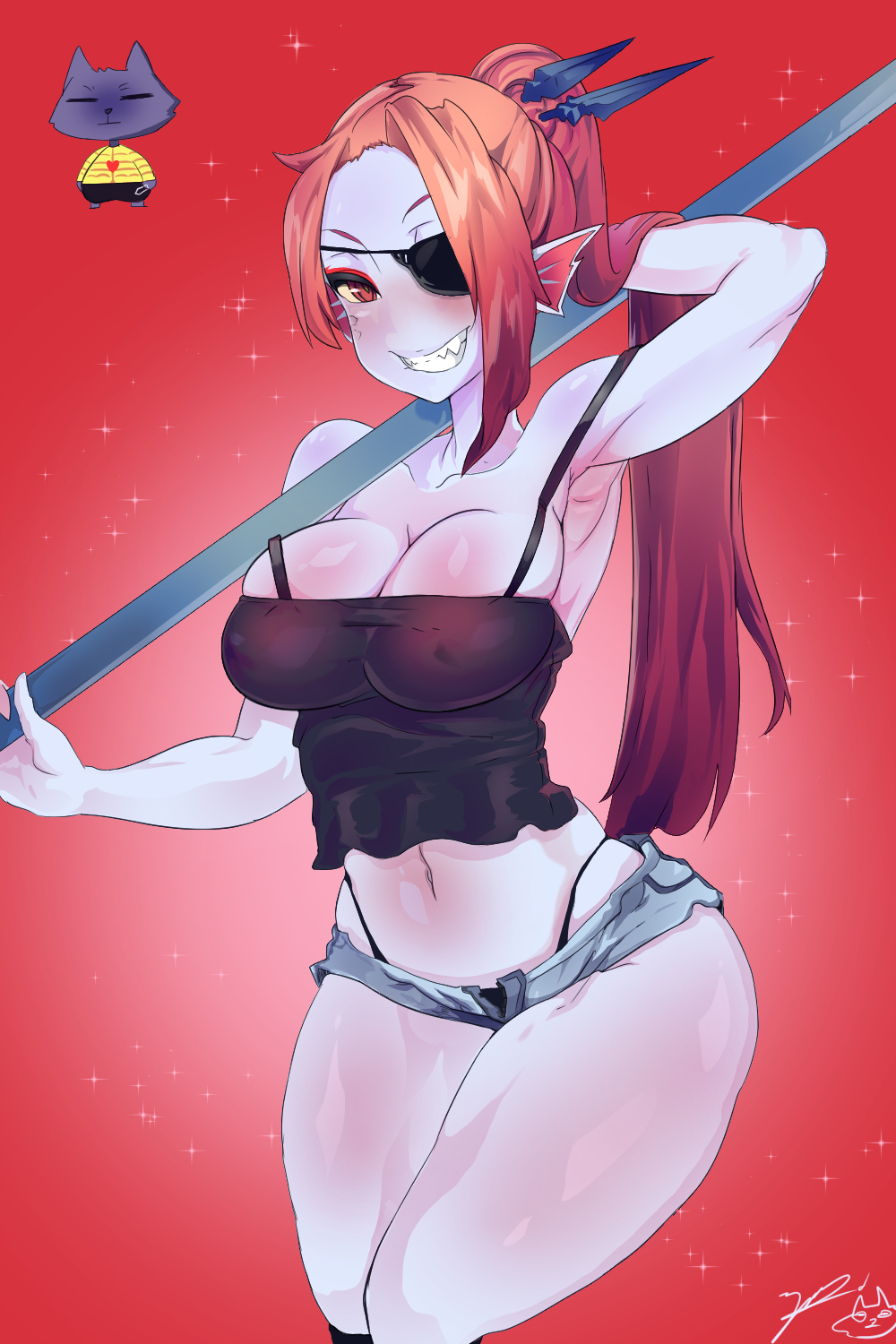 breasts clothing eye_patch eyewear female fish hair hi_res looking_at_viewer mammal marine melee_weapon polearm red_hair signature solo spear undertale undyne unknown_artist unknown_artist_signature video_games weapon