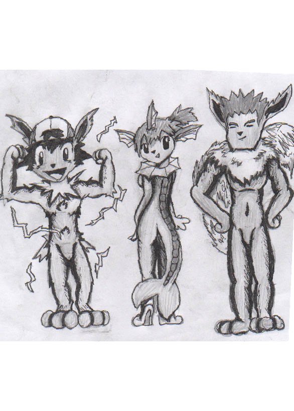 ash_ketchum brock eeveelution flareon greyscale group hat jolteon kanada male misty monochrome nintendo pencil_(artwork) pok&eacute;mon traditional_media_(artwork) transformation vaporeon video_games