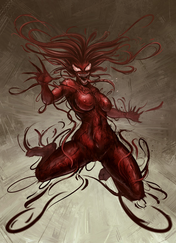 alien breasts carnage female humanoid leaping marvel nipples not_furry open_mouth solo spider-man symbiote tendrils unknown_artist