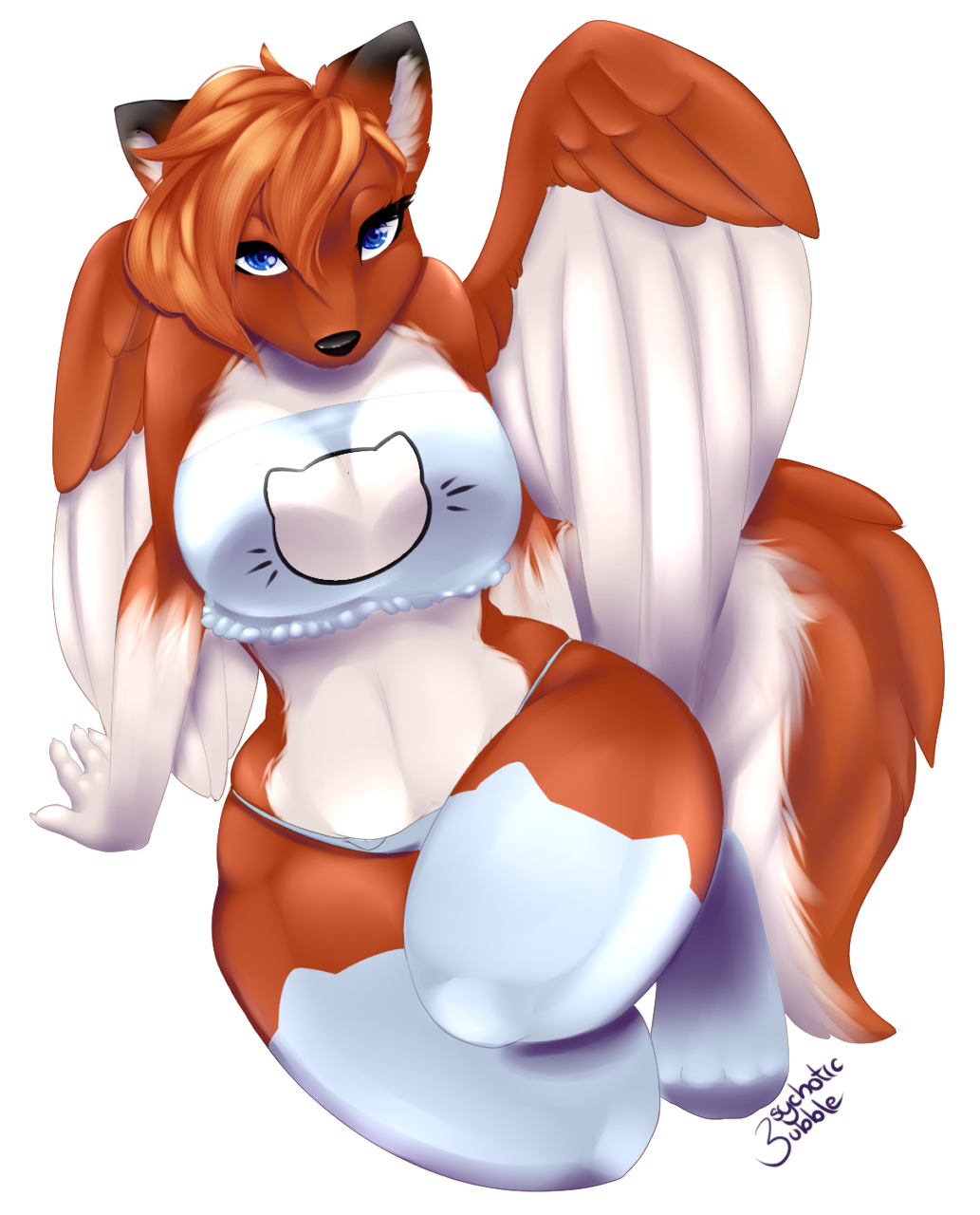 2015 alpha_channel anthro big_breasts blue_eyes breasts canine cat_lingerie cleavage cleavage_cutout clothed clothing female fur hair hi_res legwear lingerie looking_at_viewer mammal orange_fur orange_hair panties psychoticbubble ruffles silmae simple_background solo stockings thigh_highs transparent_background underwear white_legwear white_panties white_underwear wings wolf