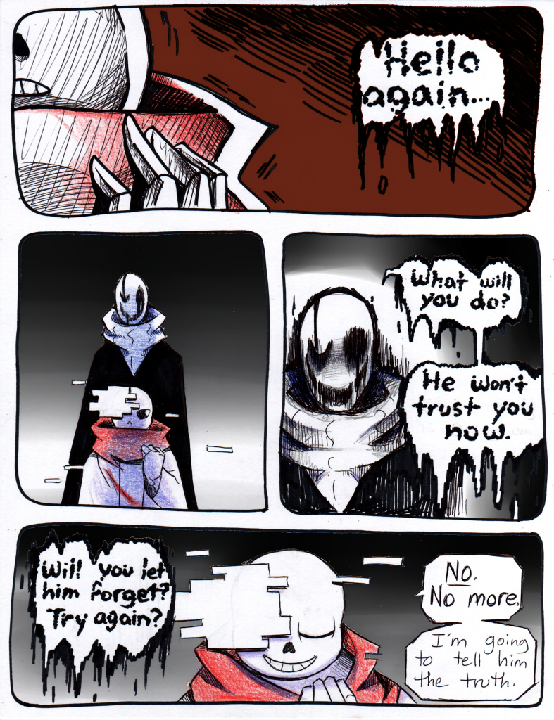 aftertale animated_skeleton blood bone clothed clothing comic dialogue english_text gaster geno_sans_(aftertale)_(character) loverofpiggies male not_furry scarf skeleton text undead undertale video_games wounded