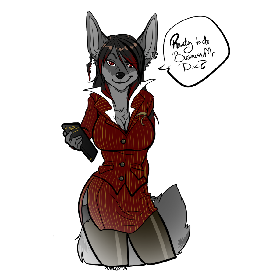 2015 anthro big_breasts black_nose breasts canine cleavage clothed clothing cropped dialogue ear_piercing edit english_text female fur grey_fur hi_res kira_domira_(character) looking_at_viewer mammal narcotic_sprinkles piercing red_eyes signature simple_background solo text white_background wolf