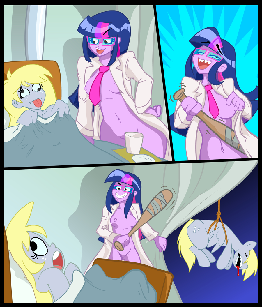 2015 baseball_bat bed black_eyes blonde_hair blood border breasts clothed clothing comic curtains curtsibling cutie_mark death derp_eyes derpy_hooves_(eg) derpy_hooves_(mlp) detailed_background digital_media_(artwork) dripping equestibooru_girls equestria_girls equine eyebrows eyelashes eyewear female friendship_is_magic fur glasses grey_fur grey_skin grin group hair half-closed_eyes horse human humanoid lab_coat looking_back looking_down lying mammal multicolored_hair my_little_pony navel necktie nipples open_mouth parody pegasus pillow pony purple_skin star teeth tongue tongue_out twilight_sparkle_(eg) weapon white_sclera wings