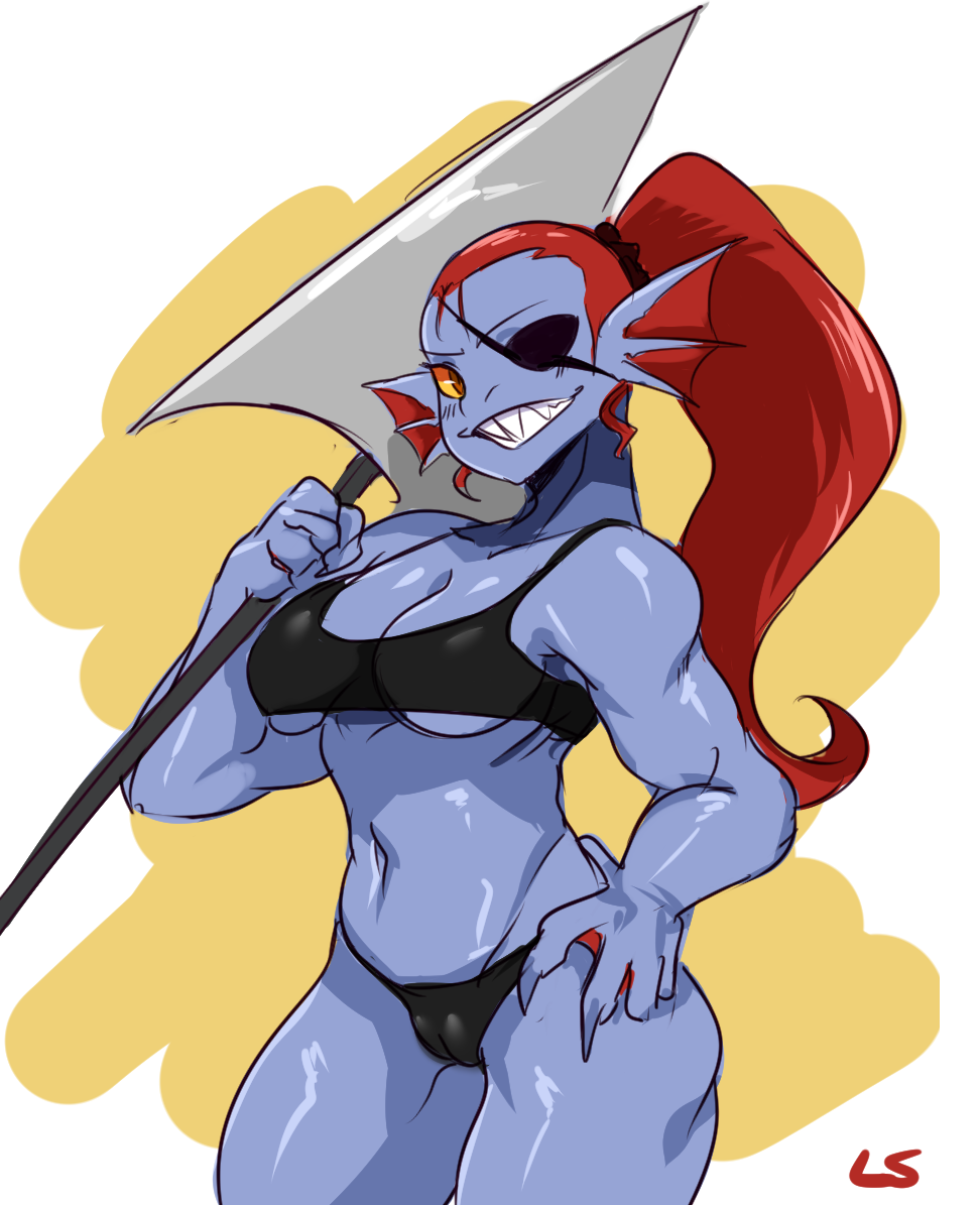 5_fingers anthro blue_skin bra breasts camel_toe cleavage clothed clothing ear_fins eye_patch eyewear female fin fish hair lightsource marine melee_weapon monster muscular muscular_female navel panties polearm red_hair sharp_teeth smile solo spear teeth under_boob undertale underwear undyne video_games weapon
