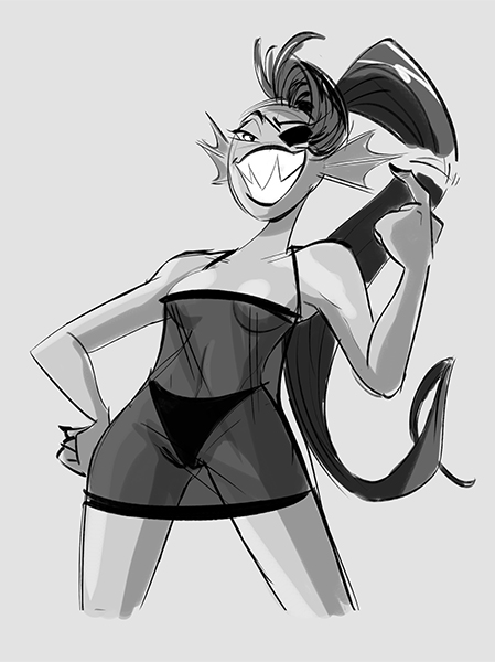 beckoning breasts brokenlynx21 clothing eye_patch eyewear female lingerie looking_at_viewer monochrome ponytail solo undertale undyne video_games