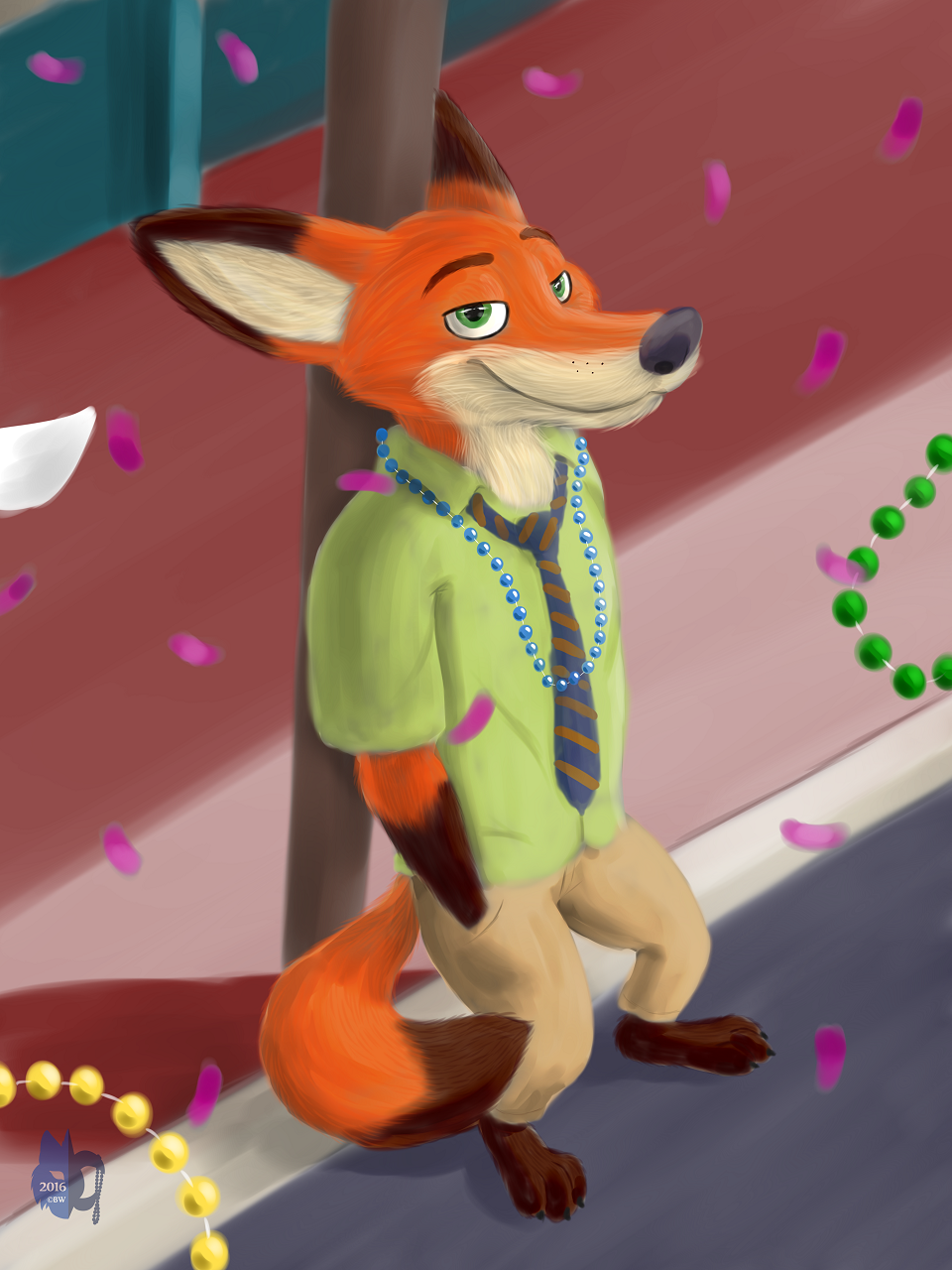 2016 anthro bleuxwolf canine clothed clothing digital_media_(artwork) disney fox fur hi_res high-angle_view male mammal mardi_gras necktie nick_wilde solo zootopia