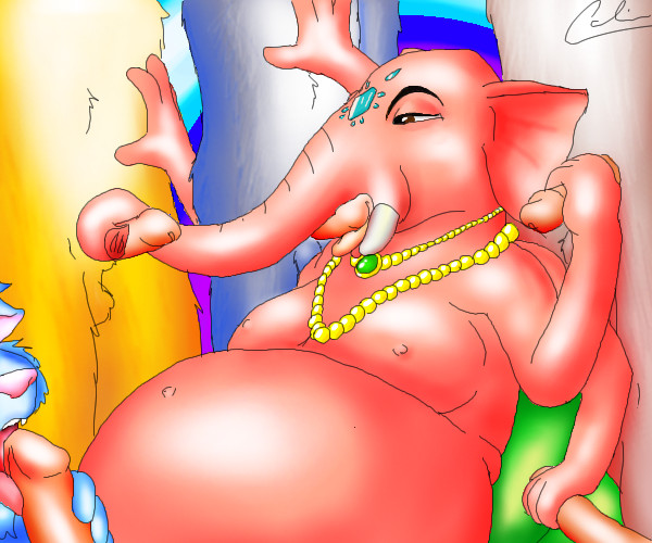 blue_fur digital_media_(artwork) elephant fur ganesha group group_sex guppy_(artist) hand_on_penis jewelry licking male male/male mammal multi_limb necklace nude oekaki oral penis_lick sex tongue tongue_out trunkjob