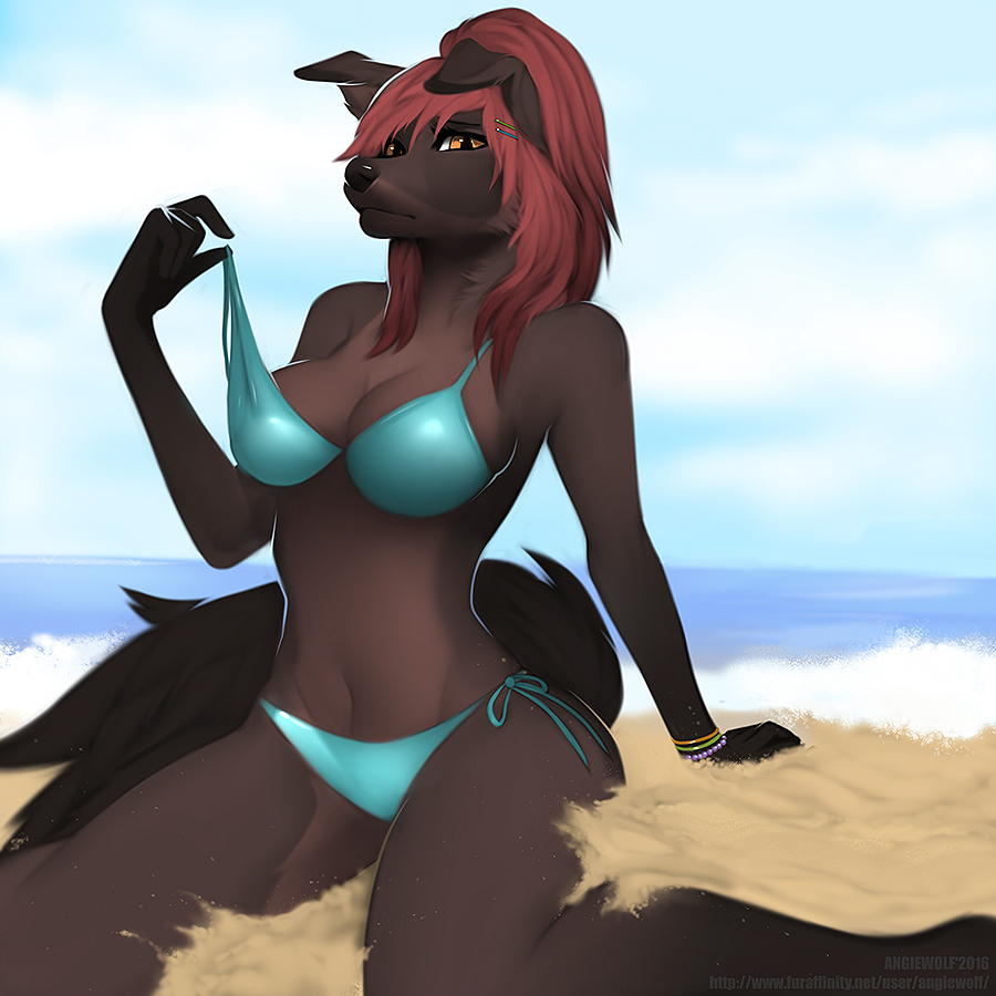 2016 angiewolf anthro beach bikini canine clothing female hair mammal off_shoulder red_hair seaside shelby solo swimsuit yellow_eyes