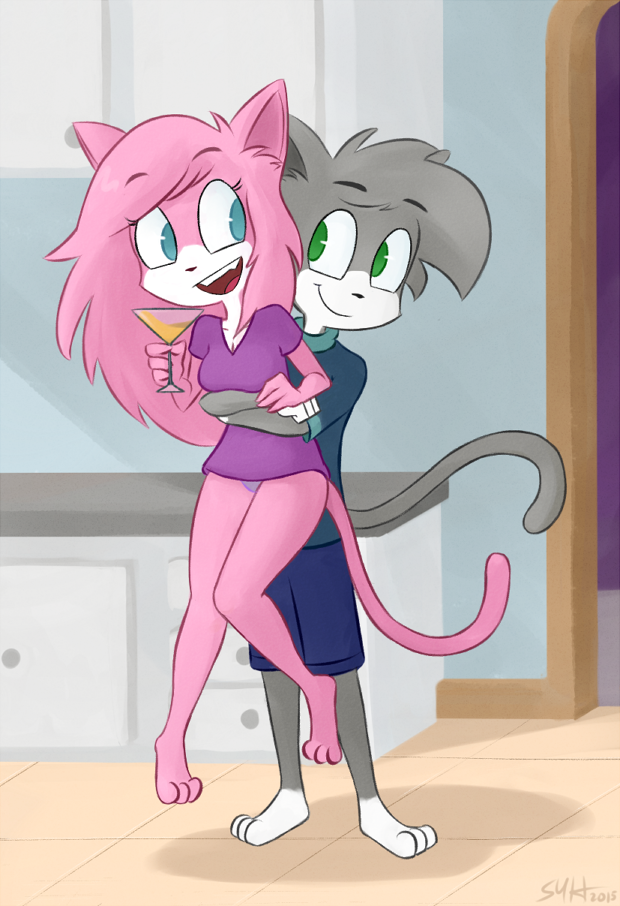 aeris_(vg_cats) alcohol beverage blue_eyes clothing cocktail couple duo female food fur green_eyes kitchen leo_(vg_cats) lifting male male/female pink_fur smile soupbag underskirt vg_cats webcomic