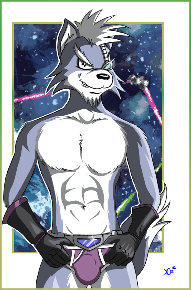 2012 abs anthro athletic black_nose bulge canine clothed clothing digital_media_(artwork) eyewear fur grey_fur kcee looking_at_viewer male mammal multicolored_fur nintendo pecs solo star_fox topless underwear video_games white_fur wolf wolf_o'donnell