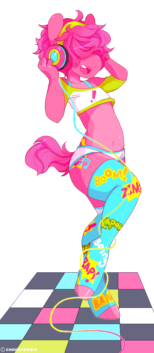 2016 alpha_channel chocoteenie clothed clothing dance_floor digital_media_(artwork) equine fur girly hair headphones horse legwear male mammal messy_hair my_little_pony navel open_mouth pink_fur pink_hair pixel_(artwork) pony simple_background solo tempo_(chocoteenie) thigh_highs transparent_background