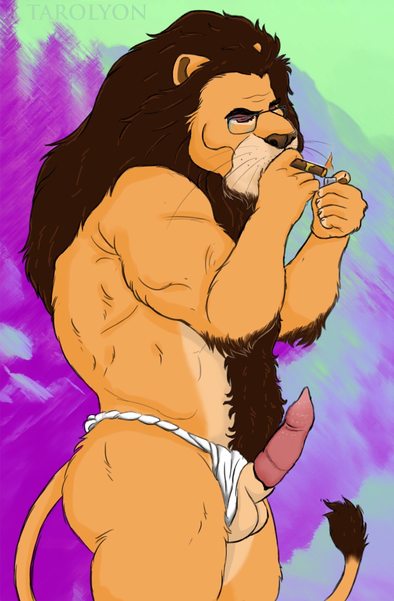 animal_genitalia balls barbary_lion barbed_penis black_mane body_hair cigar clothing erection eyewear father feline fundoshi glasses happy_trail hi_res horny japanese_clothing lighter lion male mammal mane muscular parent penis sheath smoke smoking solo tarolyon underwear