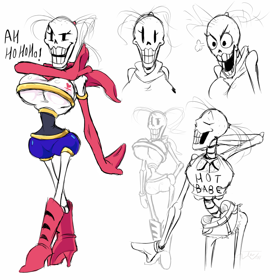 2016 animated_skeleton big_breasts bone breasts cleavage clothed clothing crossgender female papyrus_(undertale) skeleton smile solo thewill undead under_boob undertale video_games