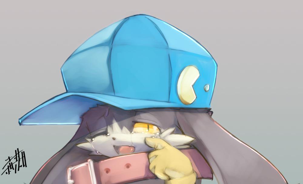 anthro blue_headwear bust_portrait clothing collar crying digital_media_(artwork) ears_down front_view gloves grey_background hat klonoa klonoa_(series) long_ears male mostly_nude one_eye_closed open_mouth portrait shaolin_bones signature simple_background slit_pupils solo tears yellow_handwear