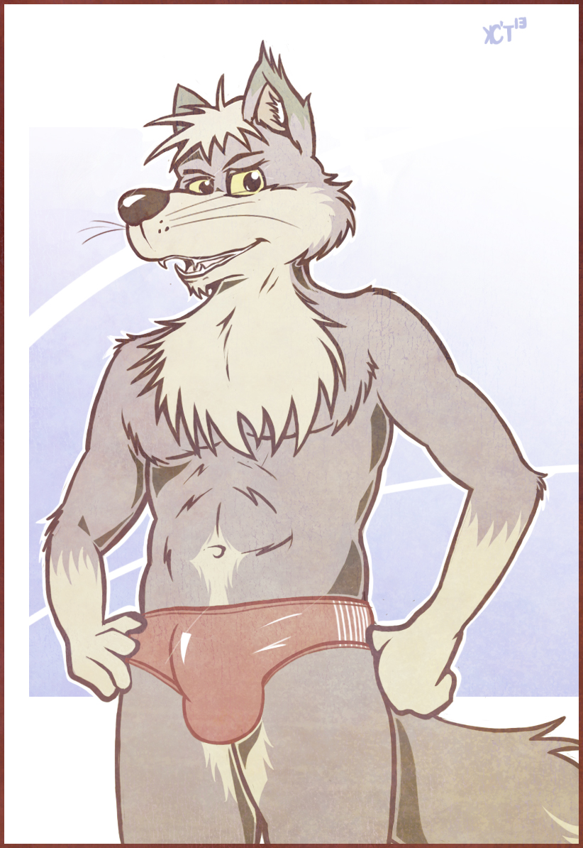2013 anthro athletic black_nose bulge canine clothed clothing digital_media_(artwork) faded_effect fur kcee looking_at_viewer male mammal multicolored_fur navel open_mouth pecs pinup pose smile solo speedo standing swimsuit teeth tongue topless transfer two_tone two_tone_fur white_fur wolf yellow_eyes